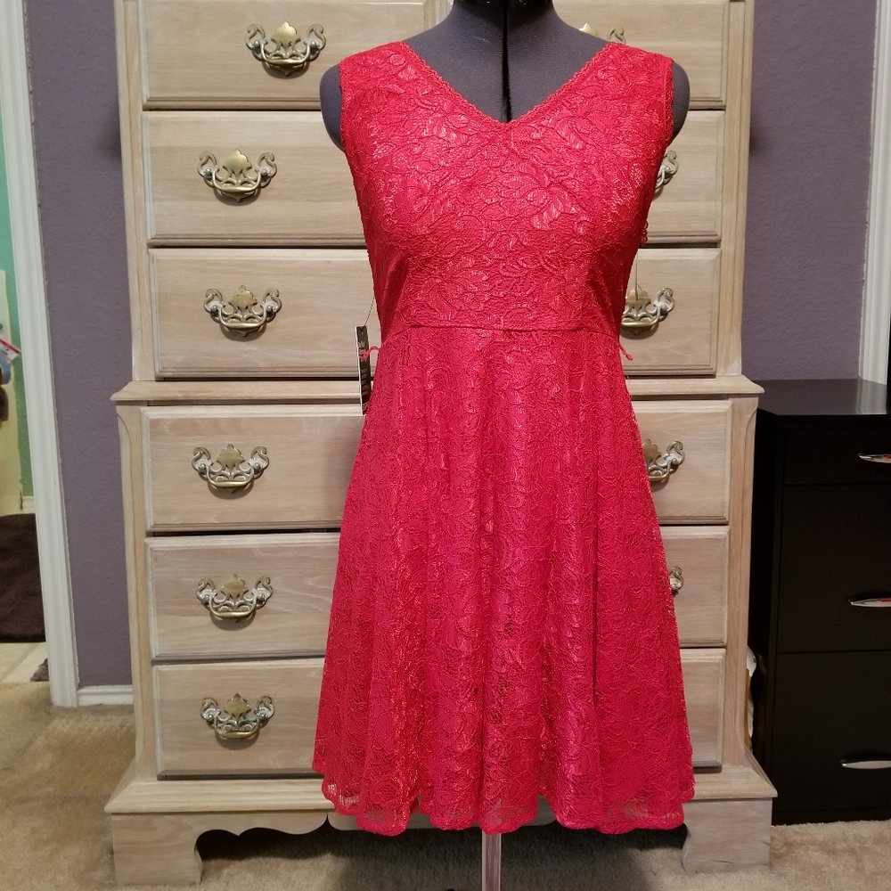 Express Red Sleeveless Dress with Lace Overlay Flaired Skirt Size 2